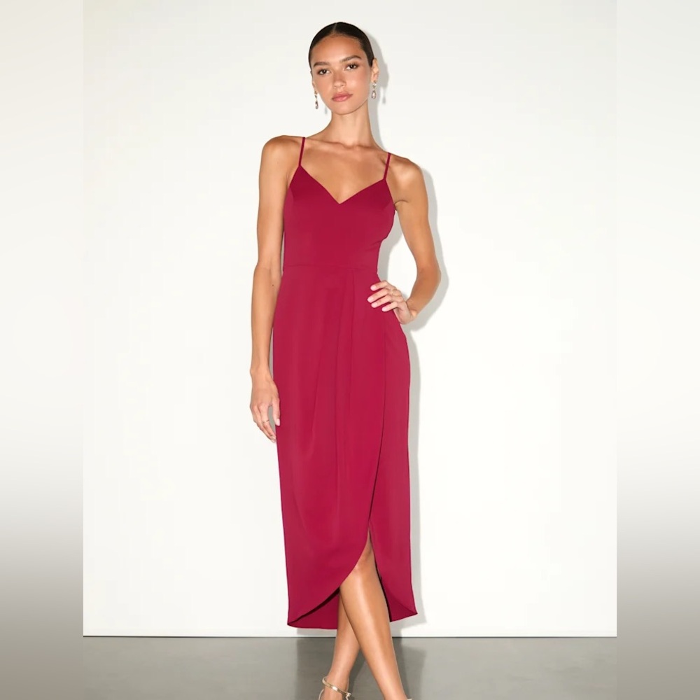 Lulu's Burgundy Midi Dress with Spaghetti Straps